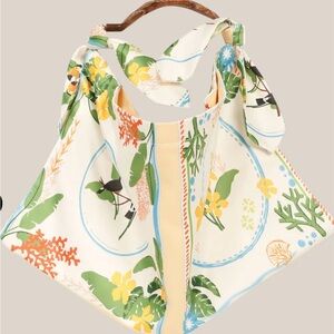 New Floral and Bird Print silk Scarf Bag MANGO WOOD HANDLE